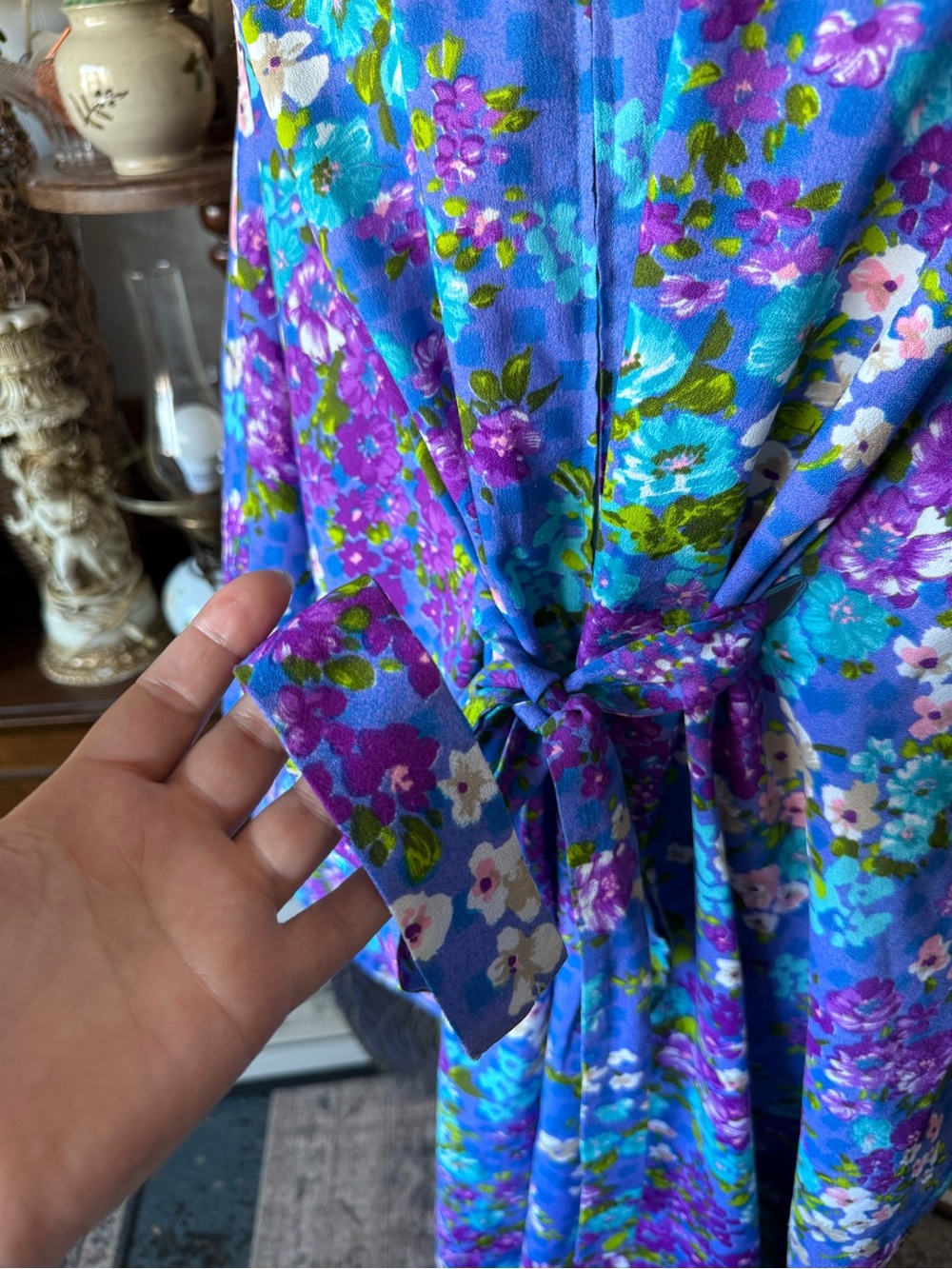 Vibrant Blue Floral 1960s Bat Wing Tie Back Gown - Picture 5 of 6